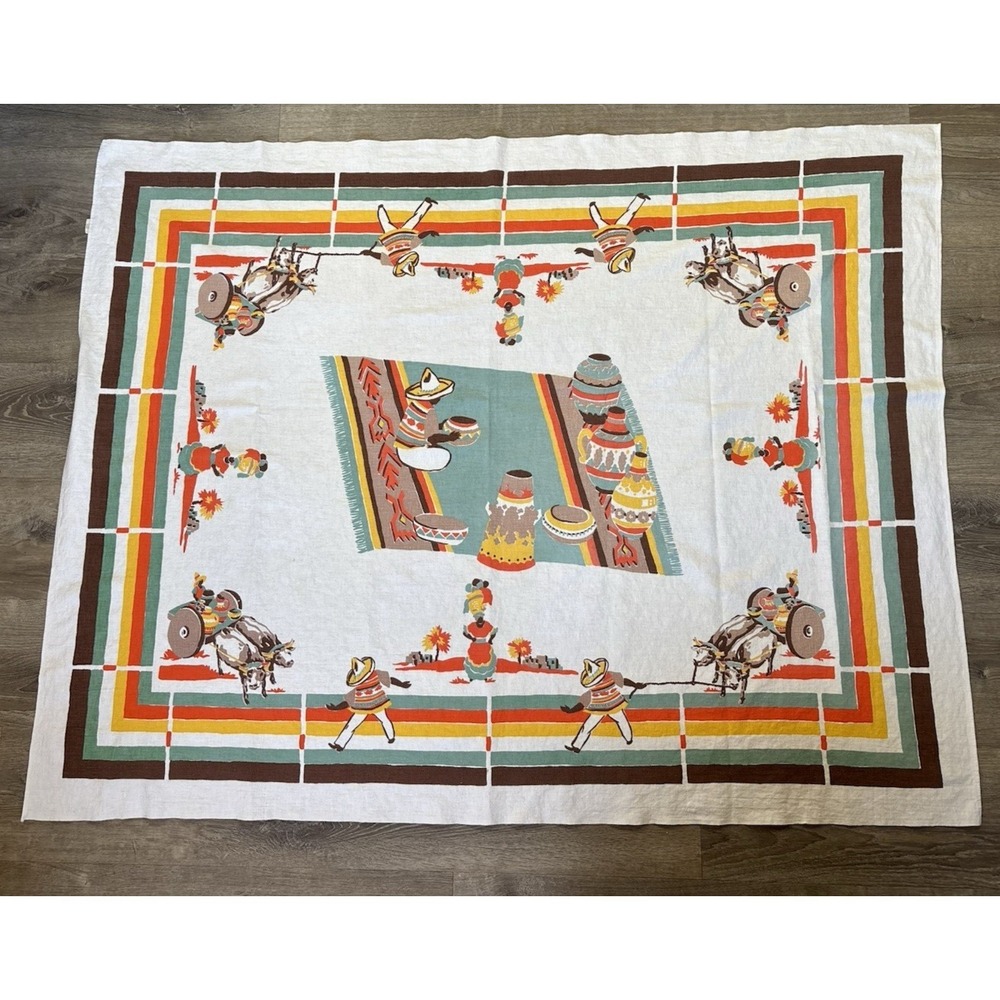 Vintage Startex Tablecloth 49x63 Vibrant Mexican Folk Art Southwestern MCM 1950s